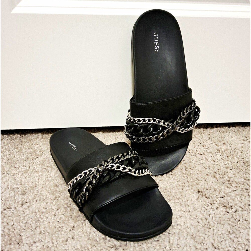 GUESS Women’s Black Leather Slide Sandals Silver/Black Chain Accent Size 8